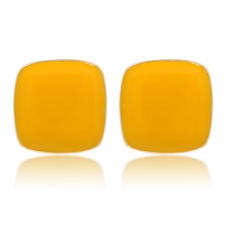 Enamel Square Elegant Sunshine Studs - A pair of Enamel Square Elegant Sunshine Studs, featuring a vibrant yellow epoxy finish on gold-plated brass with elegant gold trim.