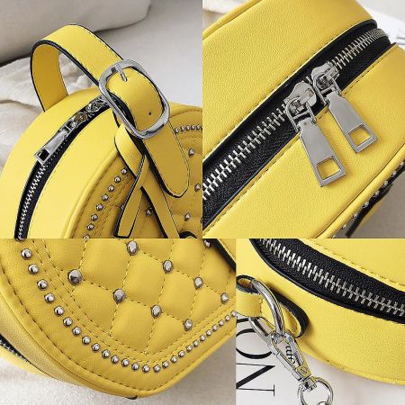 Versatile yellow PU leather bag shown as a backpack with silver stud details.