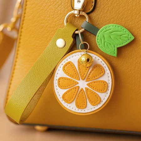 A yellow PU leather lemon slice keychain attached to a matching purse, showcasing its use as a stylish bag charm.