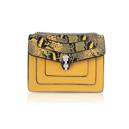Vibrant yellow python snakeskin PU leather handbag with a unique soccer ball clasp.