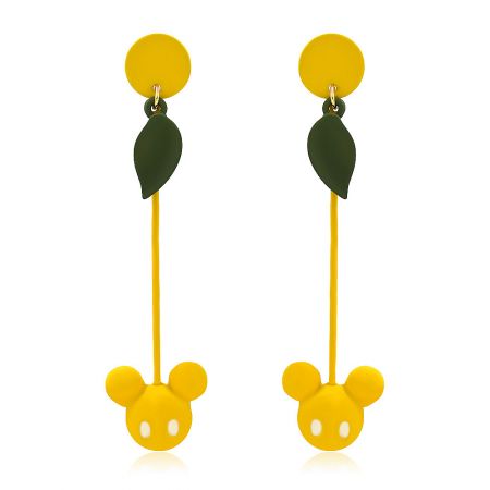 Cute Disney Dangle Yellow Earring Wholesale - A pair of cute Disney dangle yellow earrings with green leaf details, featuring a Mickey Mouse head design.