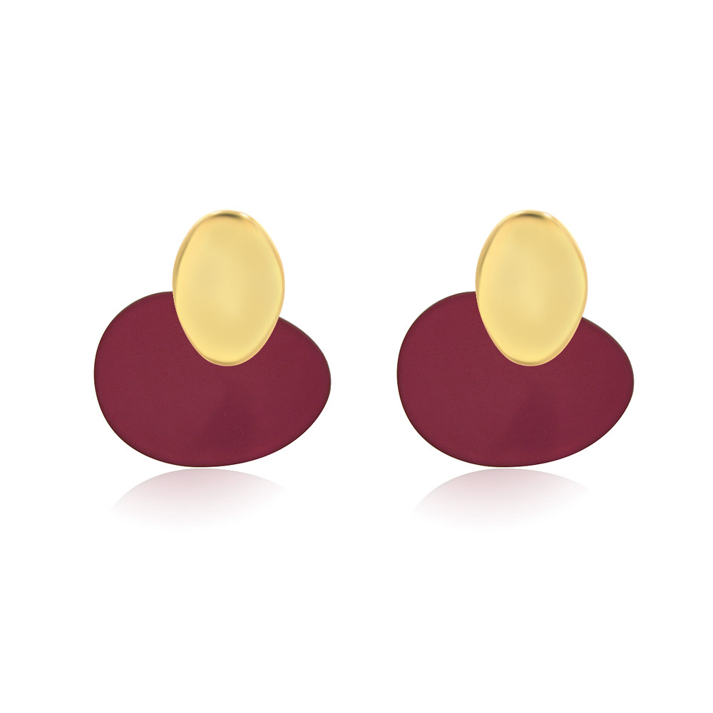 A pair of Round Resin Earrings with a striking maroon disc and elegant gold-plated brass hardware, shown on a clean white background.