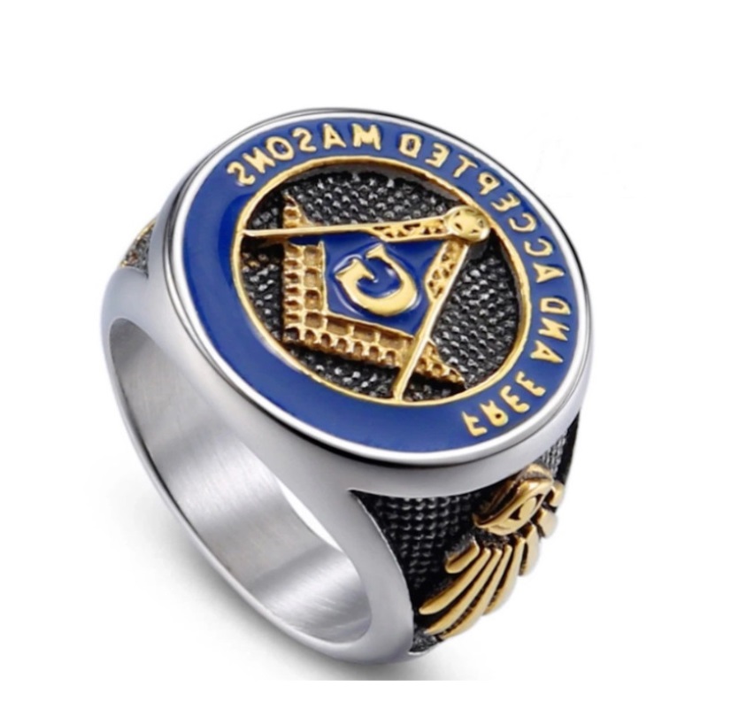Front view of the Blue Mason Masonic Ring in stainless steel, featuring the blue and gold Masonic symbol and 'FREE AND ACCEPTED MASON' inscription.