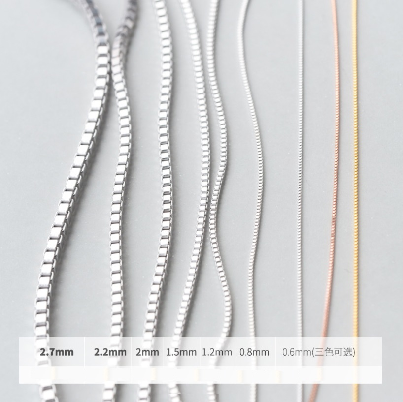 A detailed chart showcasing various 925 sterling silver chain necklaces with different thickness options, ranging from 0.6mm to 2.7mm, offered by JR Fashion Accessories.