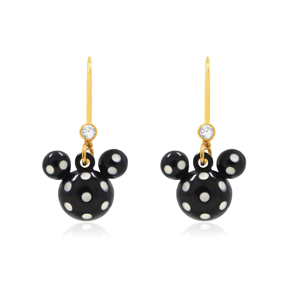 A pair of Black Disney Vacation Earrings (JRE-028) showcasing the Mickey Mouse ear design with black epoxy, white cubic zirconia accents, and gold-plated fish hook closures.