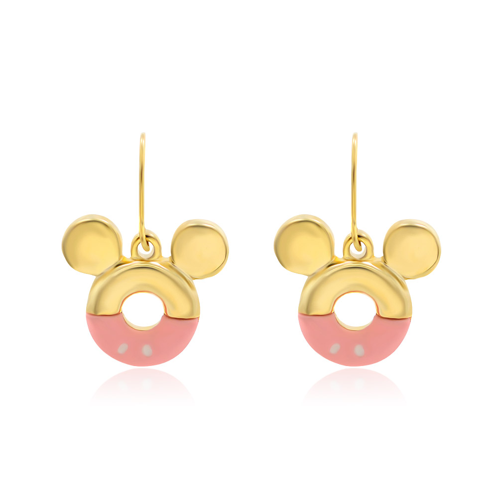 A pair of custom Mickey Mouse ear-shaped earrings with a gold finish and pink epoxy inlay, showcased against a white background.