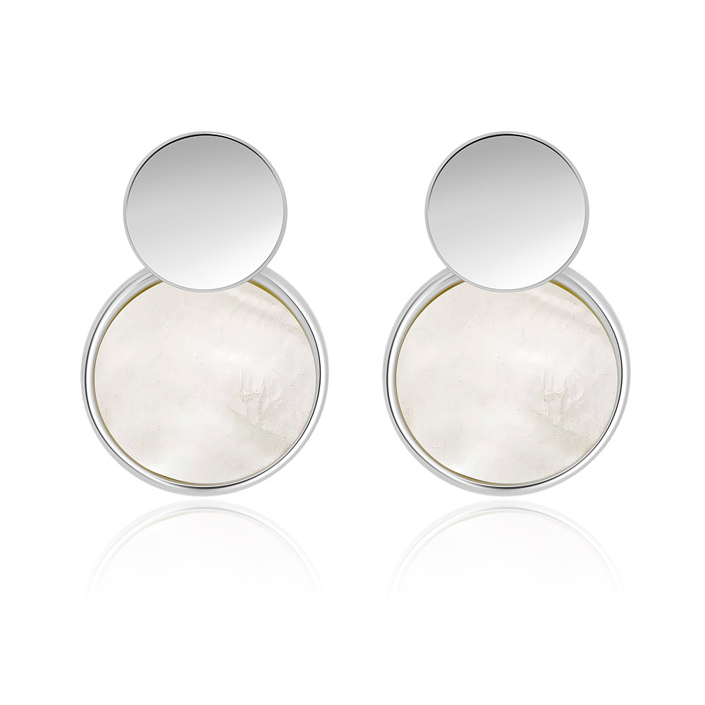 A pair of modern White Disc Shell Rhodium Plated Earrings, showcasing a minimalist two-part design with a lustrous mother-of-pearl disc.