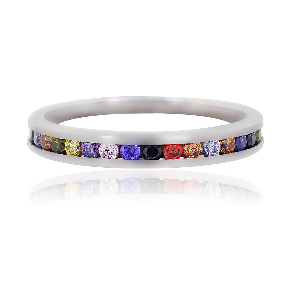 A close-up of the Multi Color Cubic Zirconia Eternity Ring, featuring a rhodium-plated brass band set with a vibrant array of multicolored cubic zirconia stones.