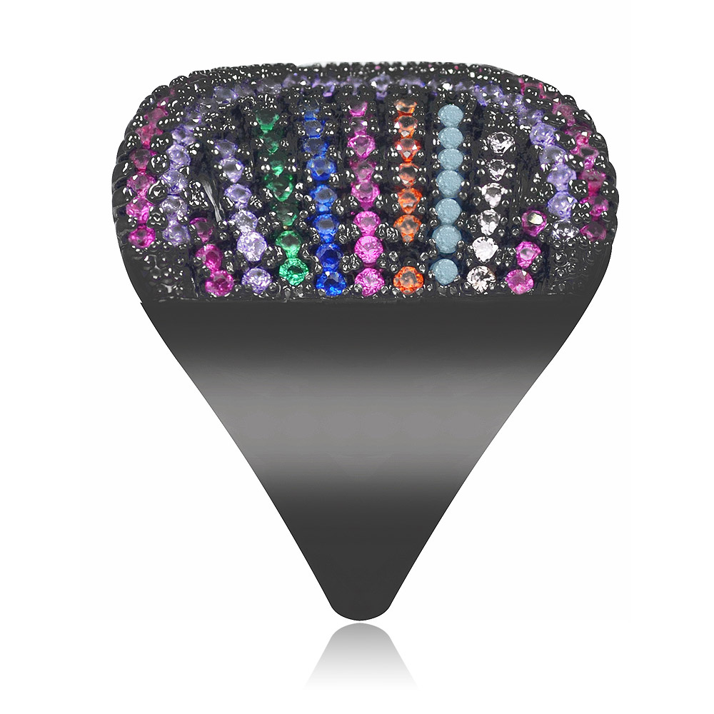 Front view of the Summer Dazzle Multi-Color Cocktail Ring, showcasing its black hematite plated band and vibrant, vertically arranged cubic zirconia gemstones.