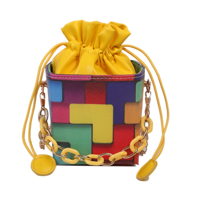 A stylish multicolored patchwork Rainbow Square Crossbody Chain Bag with a gold chain strap, shown against a clean white background.