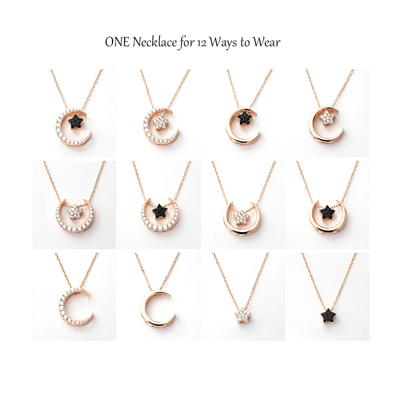 A versatile rhodium-plated necklace with a crescent moon and star pendant, demonstrating 12 different ways to wear it.