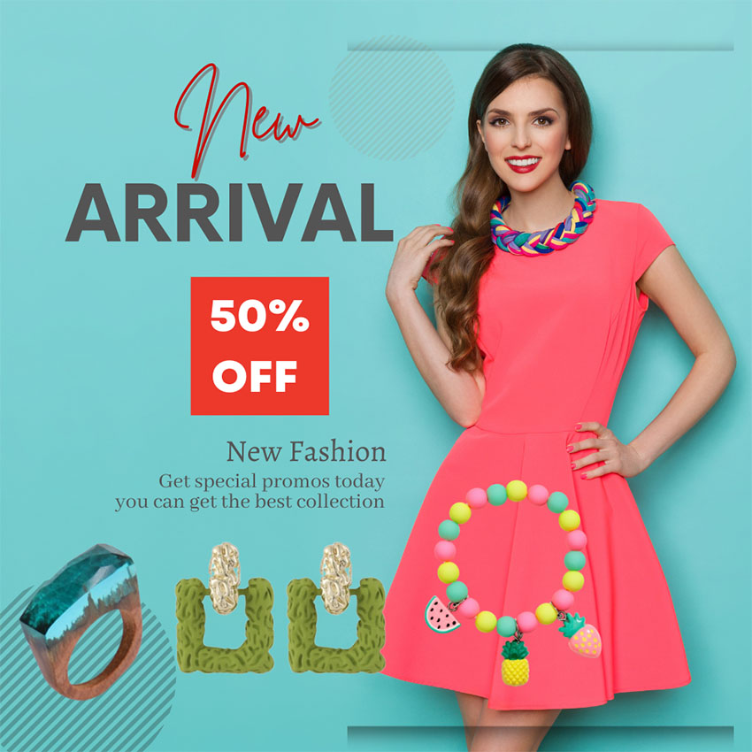 A promotional banner for JR Fashion Accessories' new summer jewelry collection, featuring a model wearing colorful pieces and text announcing a special offer.