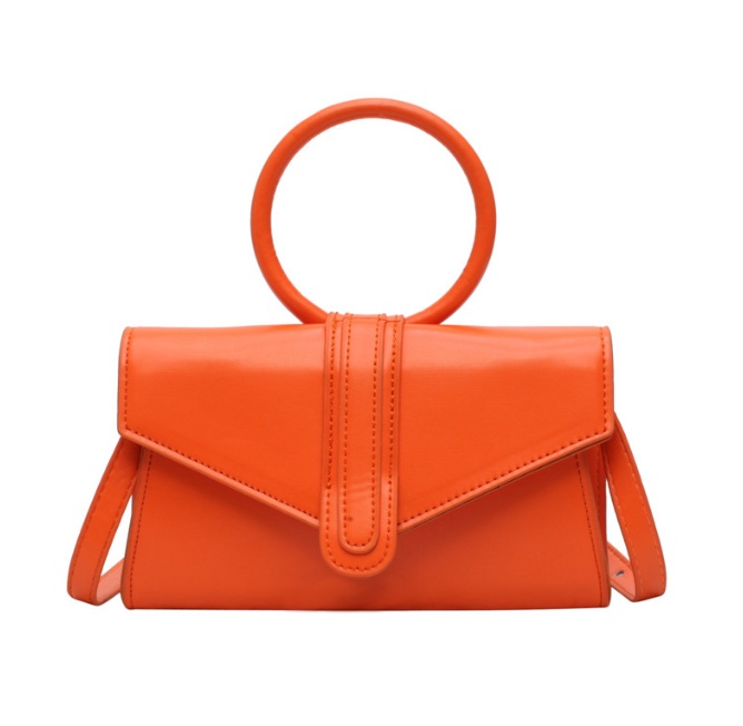 A stylish orange PU leather shoulder bag with a distinctive circular top handle and a long adjustable strap, offered by JR Fashion Accessories.