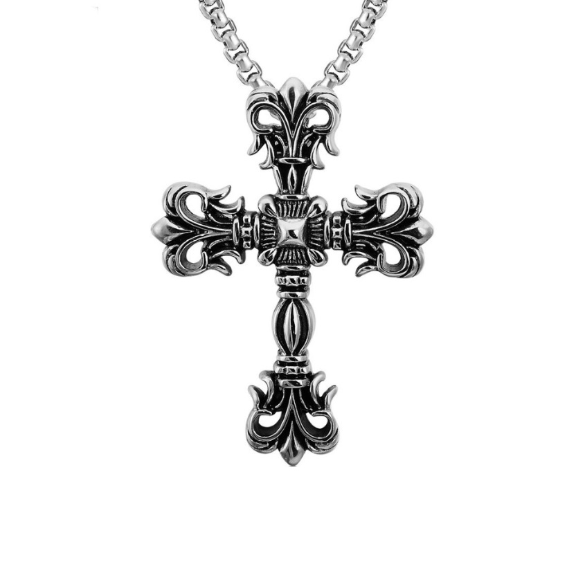 Detailed front view of the Gothic Cross Pendant (Men-027) showcasing its intricate, ornate design crafted from stainless steel.