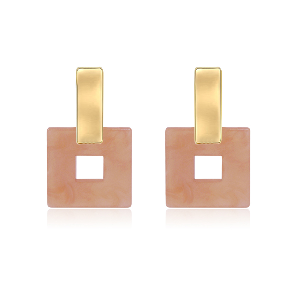 A pair of Tortoise Shell Acrylic Earrings with a delicate pink resin design and elegant gold-plated brass accents, shown against a white background.