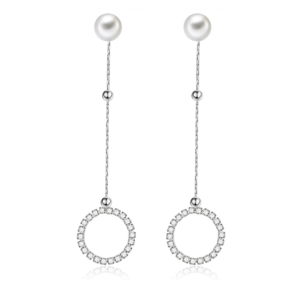 A pair of First Dance Pearl Drop Long Earrings, showcasing the elegant design with a lustrous pearl and a circular pendant of sparkling cubic zirconia stones set in rhodium-plated brass.