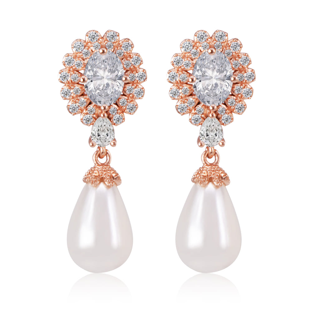 A pair of Dangle with Teardrop Pearl earrings in a rose gold setting, featuring sparkling cubic zirconia and an elegant shell pearl, displayed on a white background.