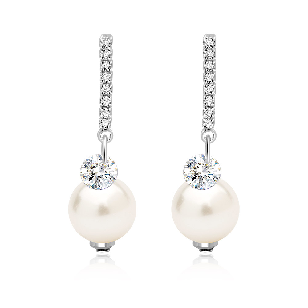 Close-up of elegant Pearl Drop CZ Dangle Earrings, featuring a lustrous white pearl and sparkling cubic zirconia set in rhodium-plated metal.