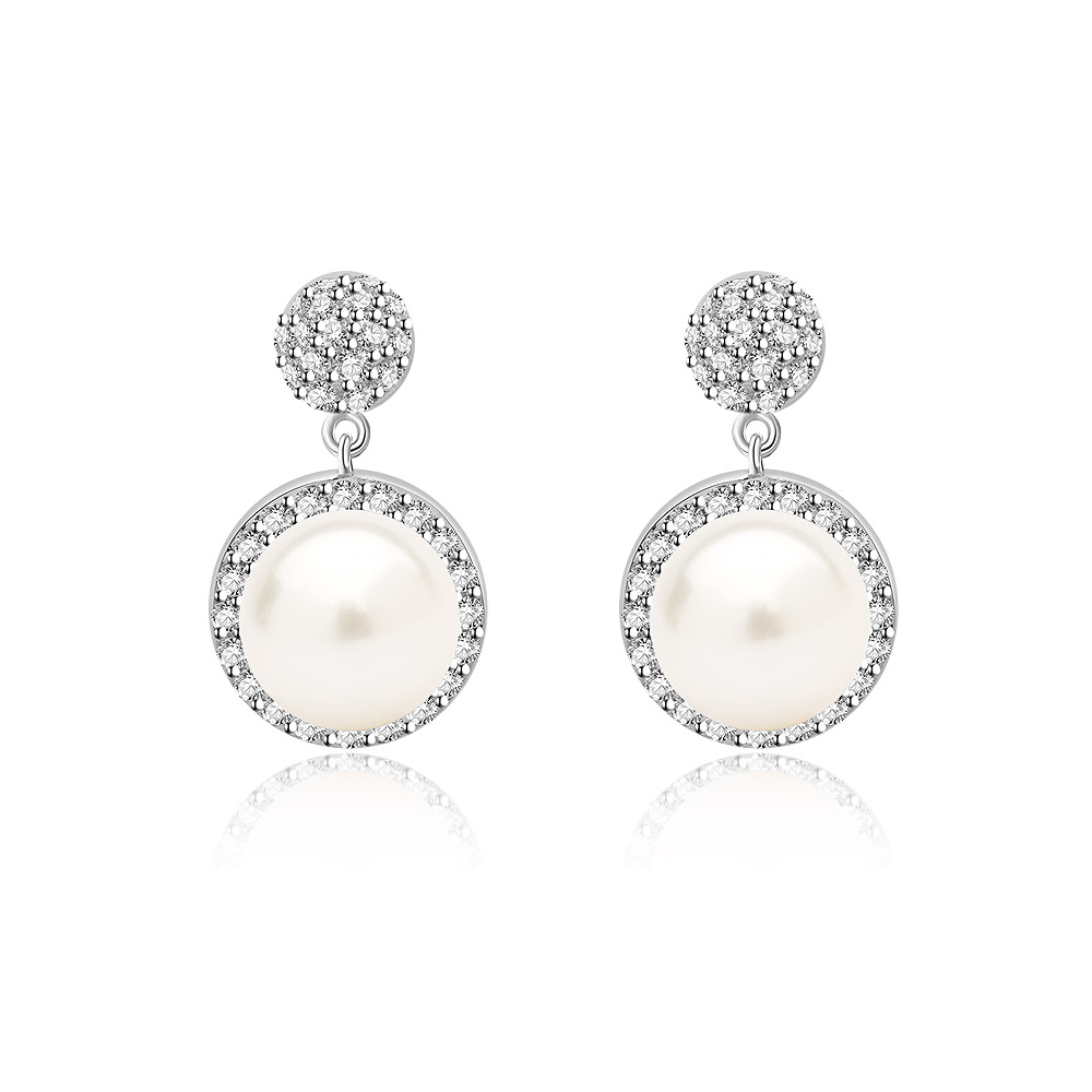 Close-up of elegant Round CZ 8mm Pearl Drop Earrings, showcasing the brilliant cubic zirconia halo surrounding a lustrous white pearl, set in a rhodium-plated finish.
