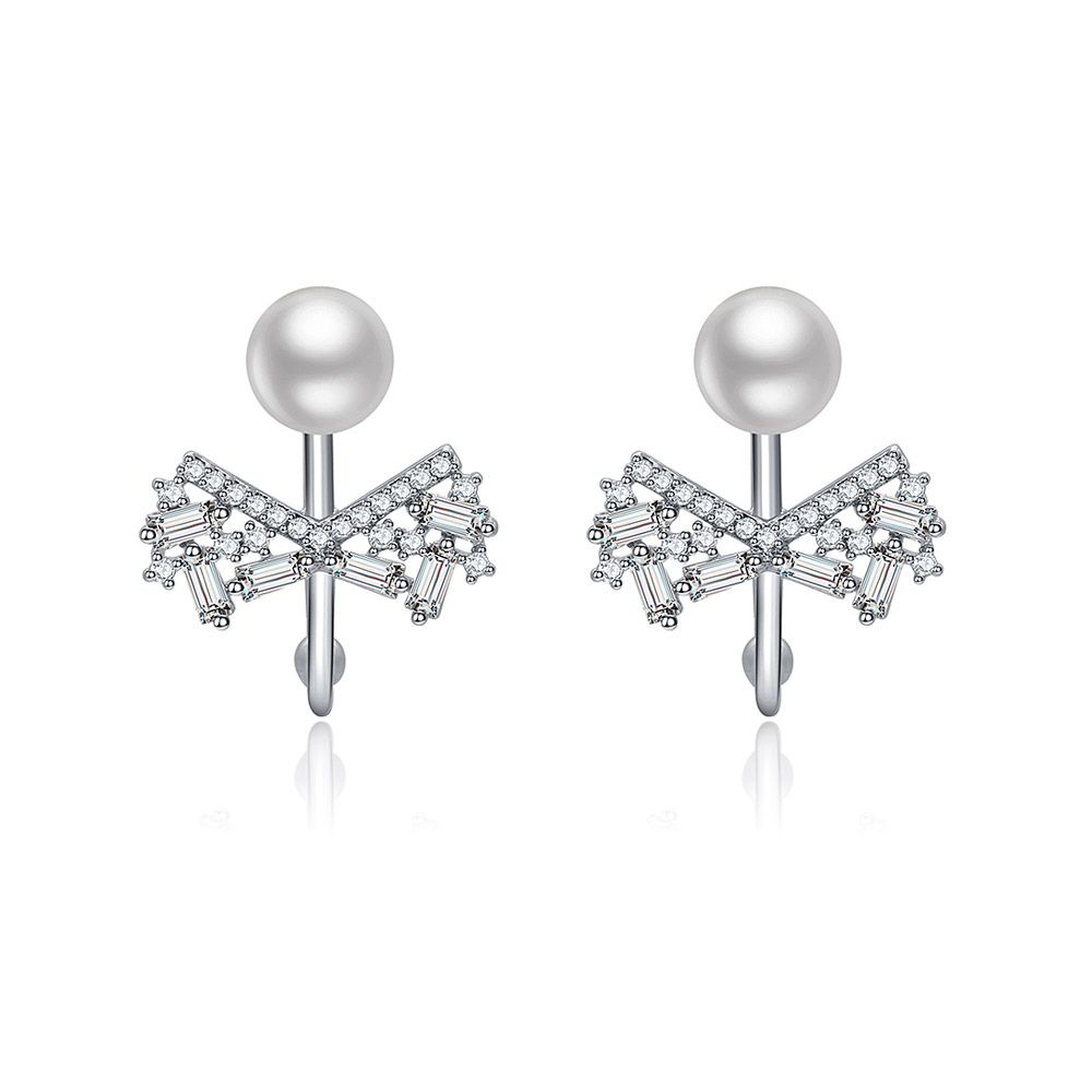 Elegant Hook Pearl CZ Bow Earrings with a rhodium-plated brass base, featuring a delicate bow design adorned with sparkling white cubic zirconia and a classic white pearl.