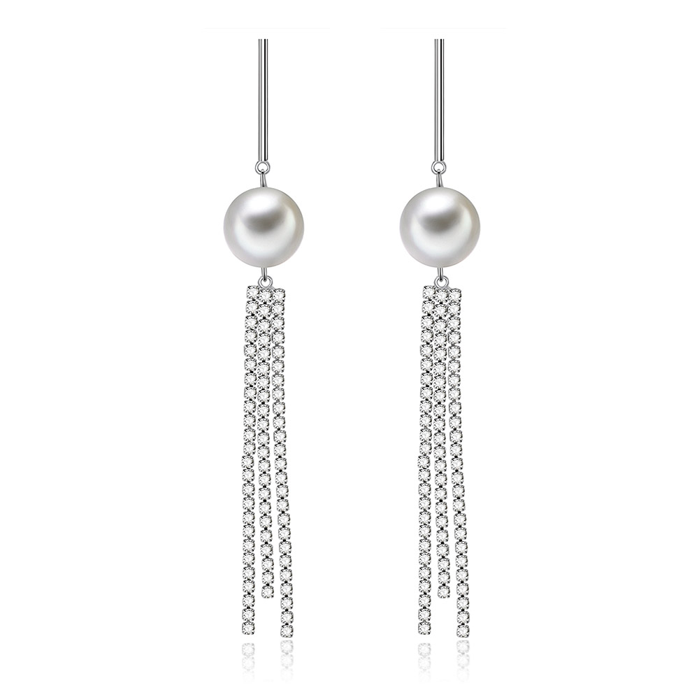 A pair of Cast Line CZ Tassel Pearl Drop Earrings, showcasing the elegant design with dangling pearls and crystal chains on a white background.
