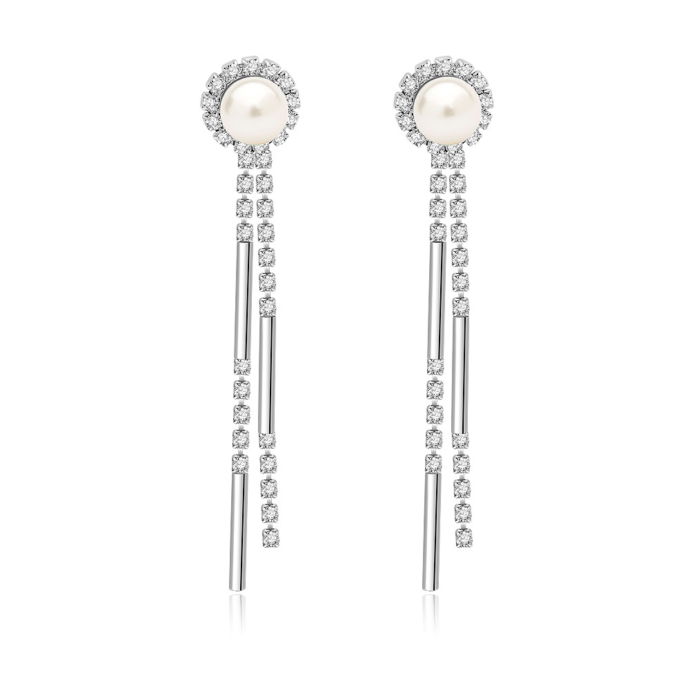 A close-up of the Long Drop Earrings with Pearl and Chain, showcasing the brilliant cubic zirconia, lustrous white pearl, and elegant rhodium-plated chain design.