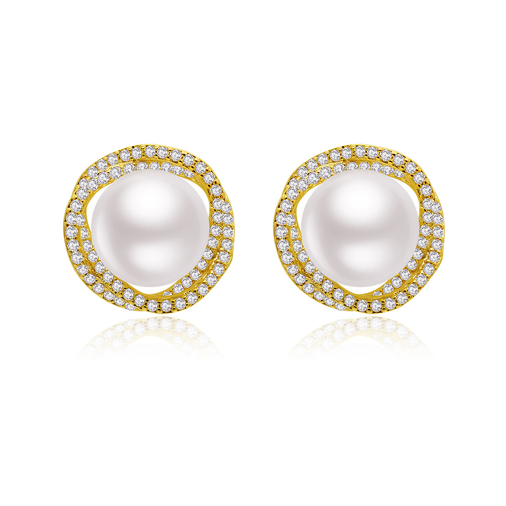 A pair of Floral Pave Imitation Pearl Button Earrings, showcasing a central white pearl surrounded by sparkling cubic zirconia stones in a gold-plated floral setting.