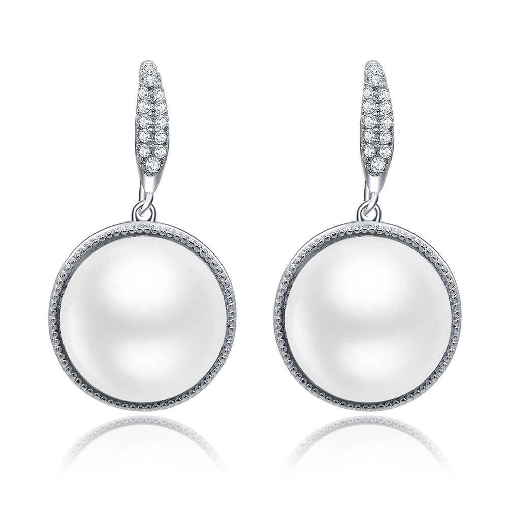 A close-up of the Imitation Pearl Drop Hook Earrings, showcasing the brilliant half-side pearl and surrounding cubic zirconia stones set in rhodium-plated brass.