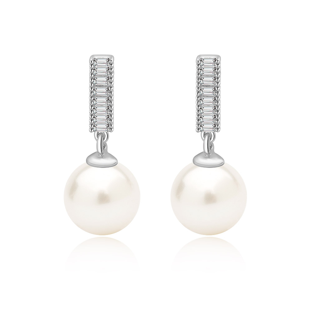 A pair of Pearl Drop CZ Bar Stud Earrings with diamond-studded silver fittings, showcasing the 8mm white shell pearl.