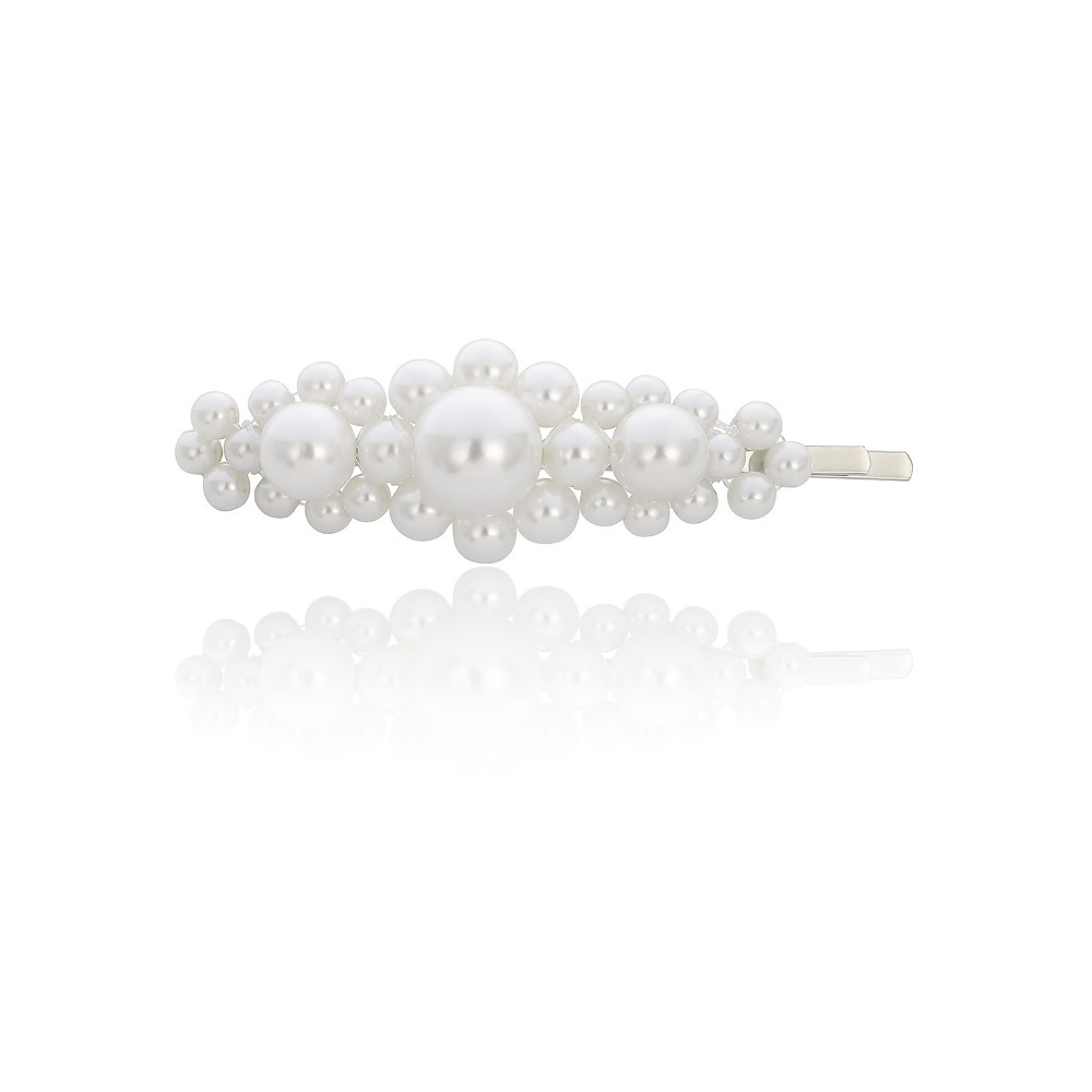 Close-up of an elegant Pearl Barrette Hair Pin, model JRA-010, showcasing its lustrous pearls and high-quality metal finish.