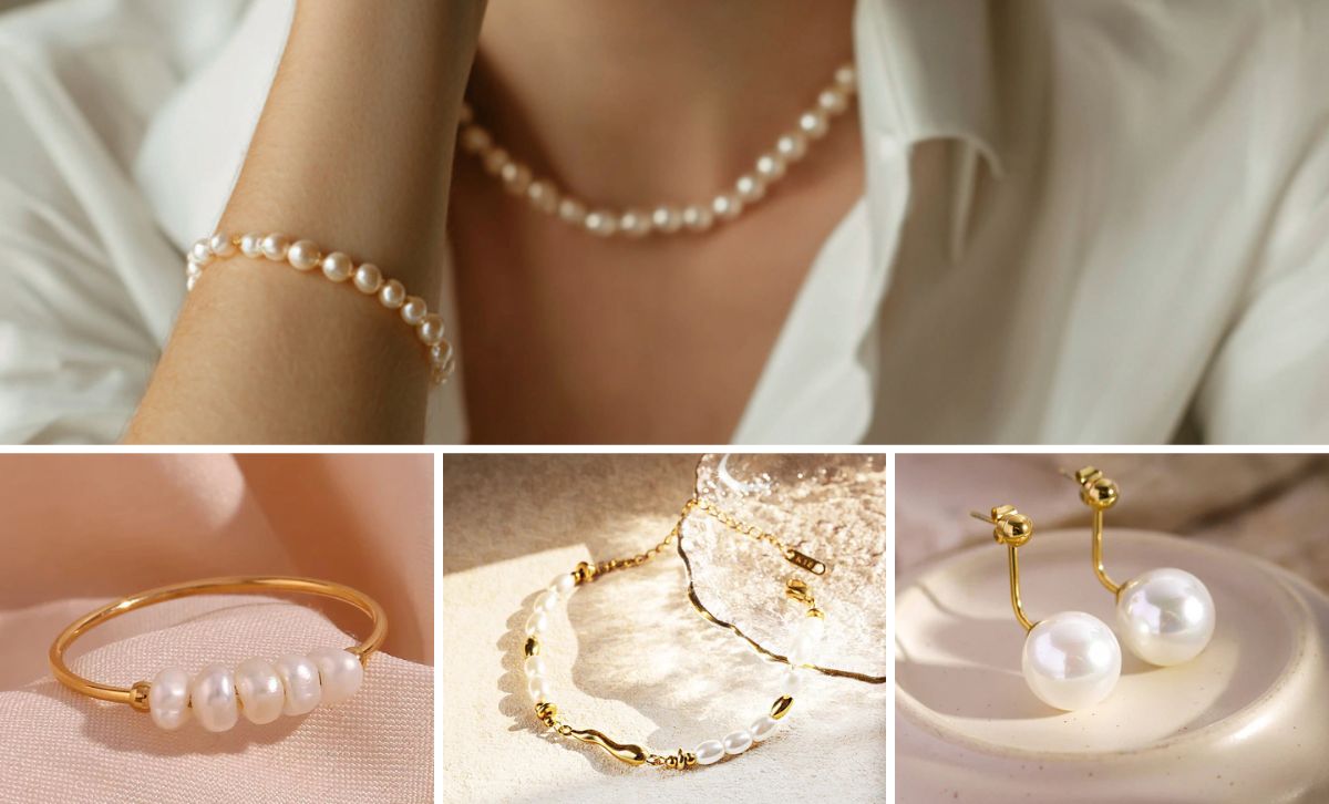 A beautiful arrangement of pearl jewelry, including a necklace, bracelet, and earrings, showcasing the timeless elegance of pearls offered by JR Fashion Accessories.