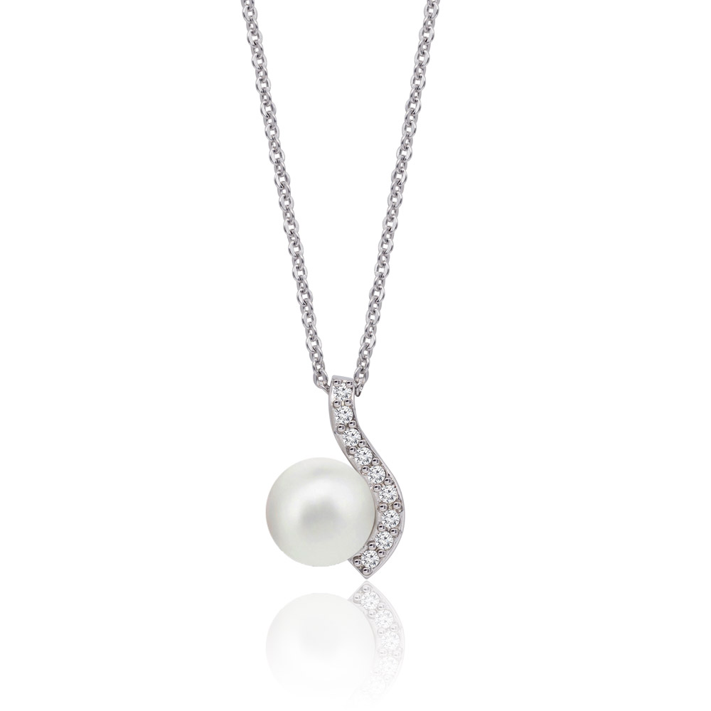 Close-up of the Curved Wave Pearl Trendy Necklace, showcasing the rhodium-plated pendant with a white pearl and sparkling cubic zirconia accent.