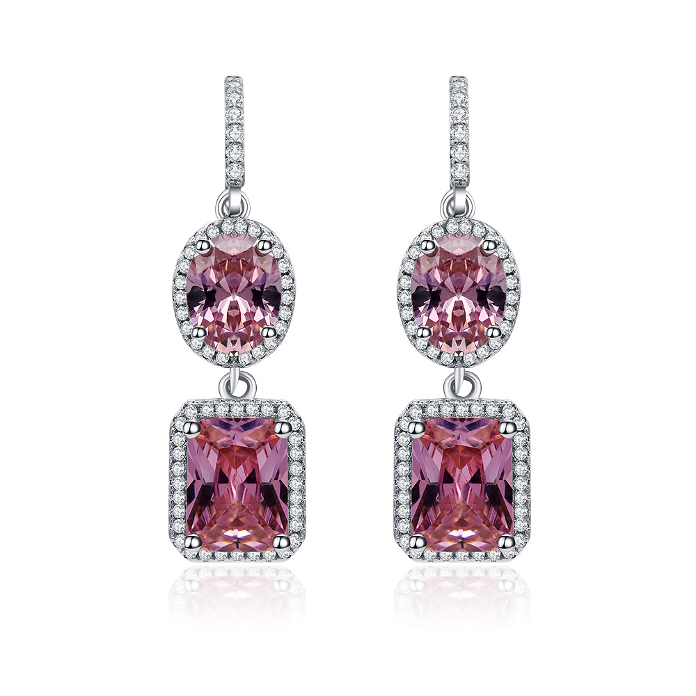 A pair of Double Pink Gemstone Drop Hook Earrings with sparkling cubic zirconia accents, showcasing their elegant art deco design.