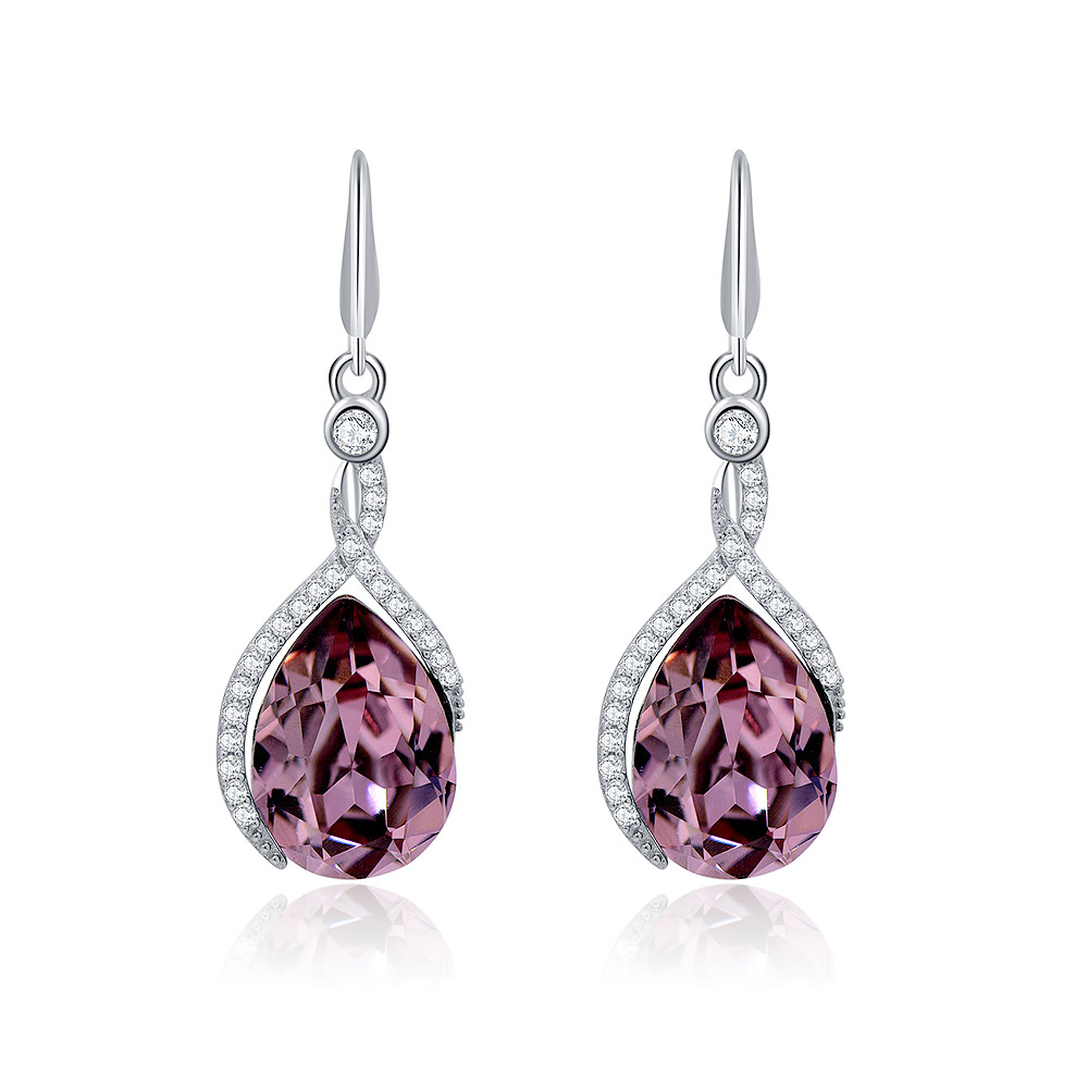 Front view of the Attract Swarovski Jewelry Purple Hook Earrings, showcasing the large pink gemstone surrounded by clear crystal pave in a rhodium-plated setting.