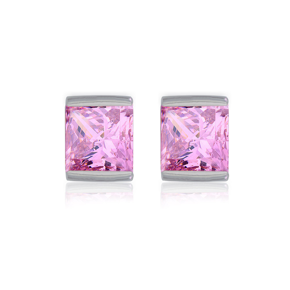 A pair of Lovely Pink CZ Stud Earrings made of brass with rhodium plating, showcasing the vibrant pink gemstone.