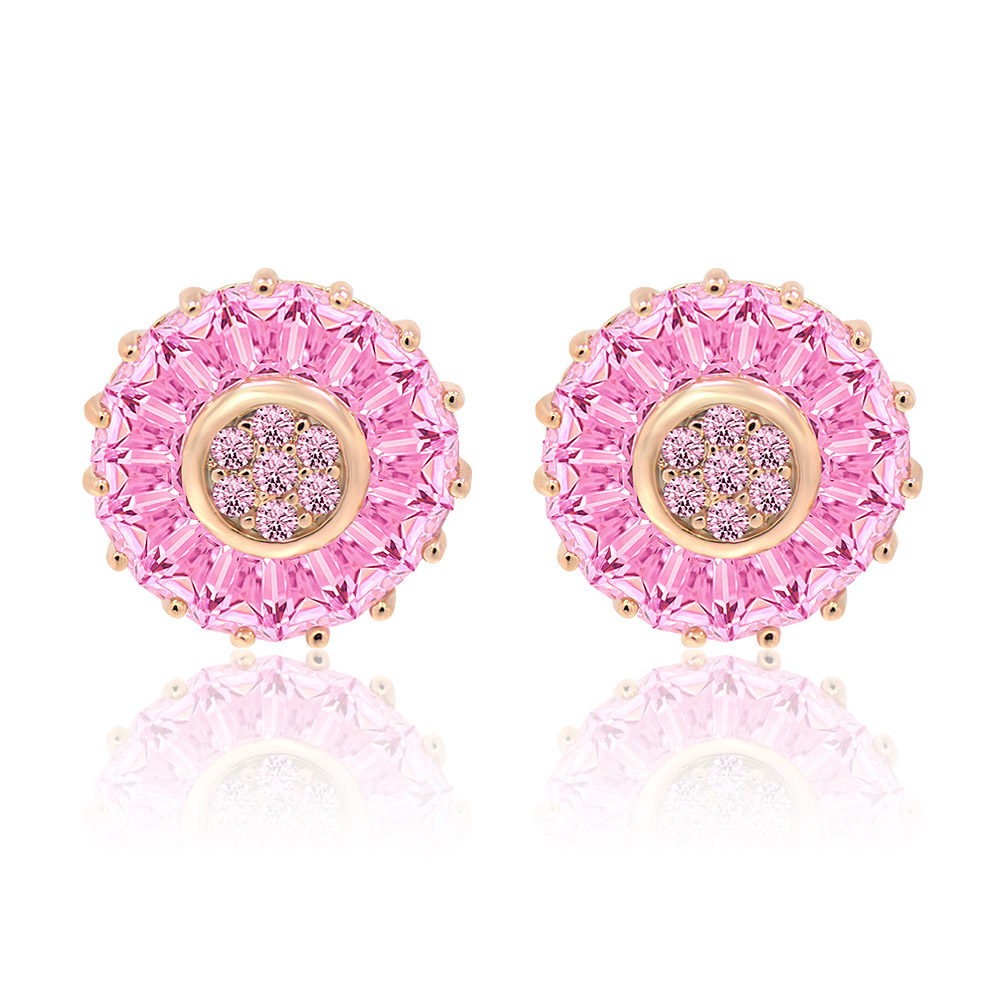Front view of Pink Tone Flashed Round Stud Earrings, showcasing a circular design with a central cluster of pink cubic zirconia surrounded by larger stones, all set in polished rose gold plating.