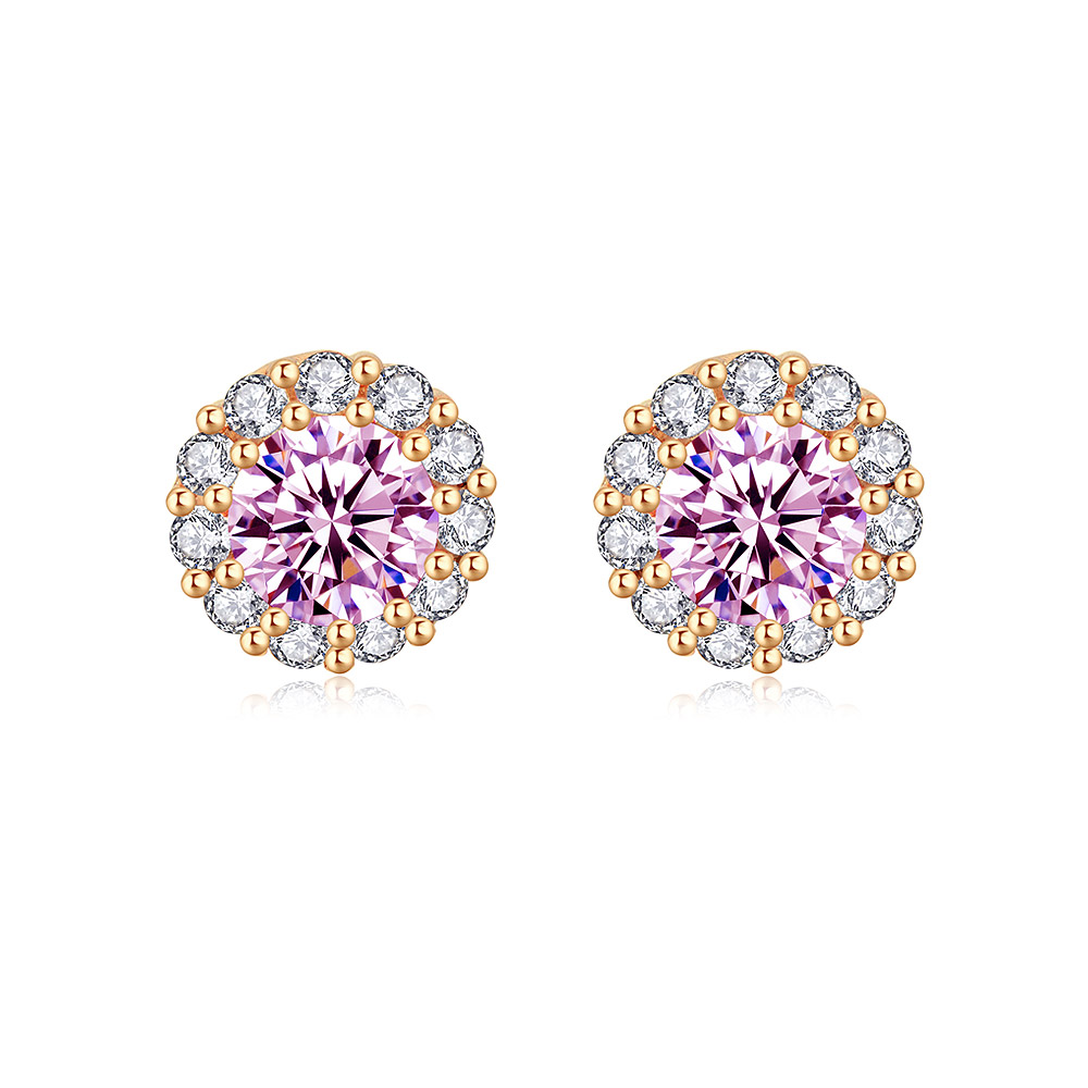 A close-up of the Rose Gold Plated Pink and White Zirconia Earrings, showcasing a central pink cubic zirconia stone encircled by smaller white stones on a rose gold stud setting.