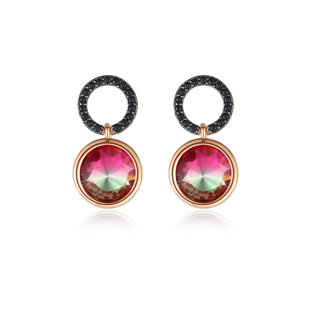 A close-up of the Circle Earrings With Red Fire Glaze, showing the intricate rose gold plating, vibrant red glass, and sparkling black cubic zirconia crystals.