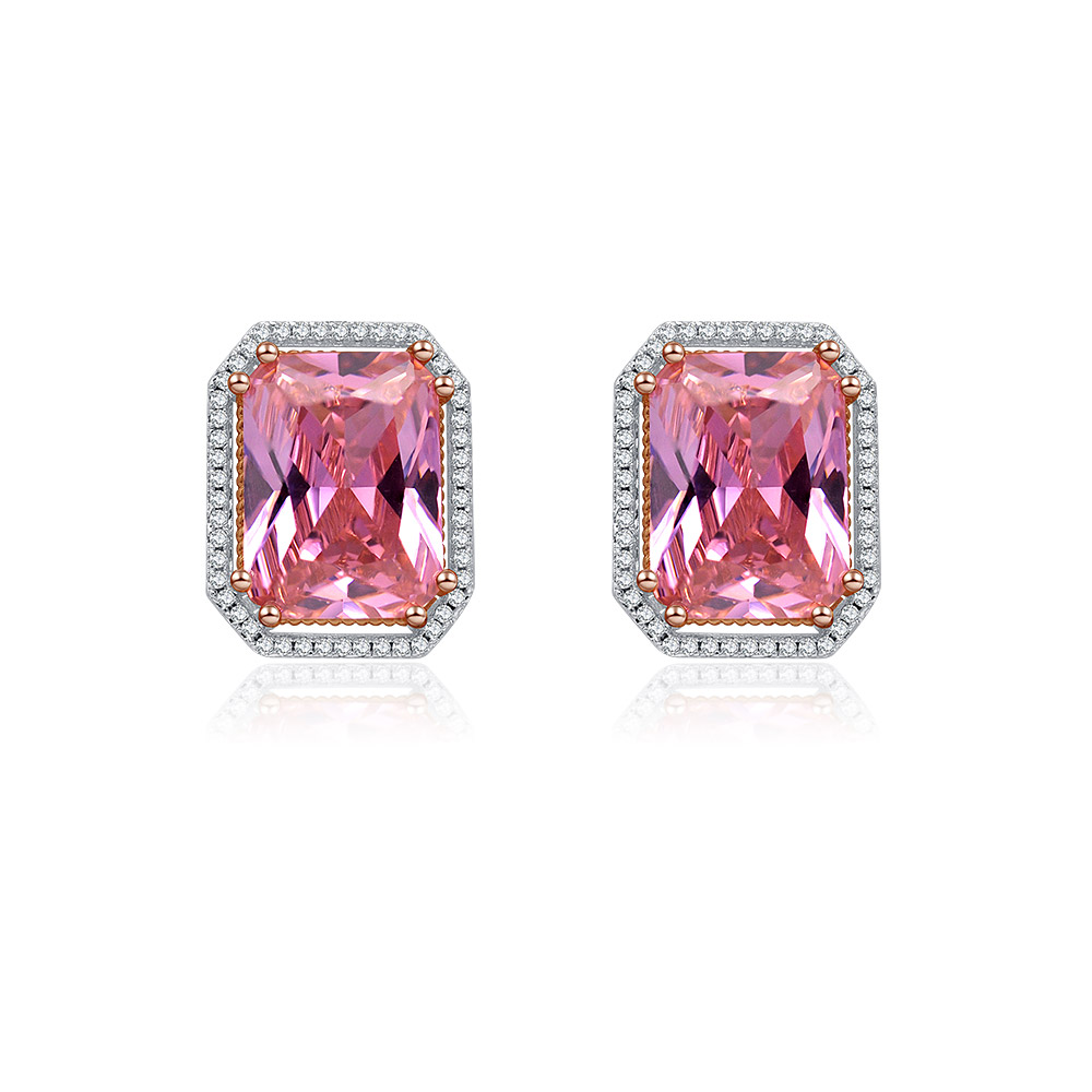 A close-up of the Rectangle Cushion Cut Pink Earrings, showcasing the large central pink gemstone set in a two-tone rose gold and rhodium-plated setting with a halo of small clear stones.