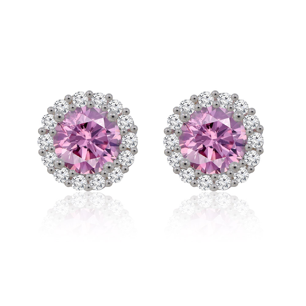 A pair of silver-plated pink round stud earrings with a central pink cubic zirconia surrounded by a halo of clear crystals.
