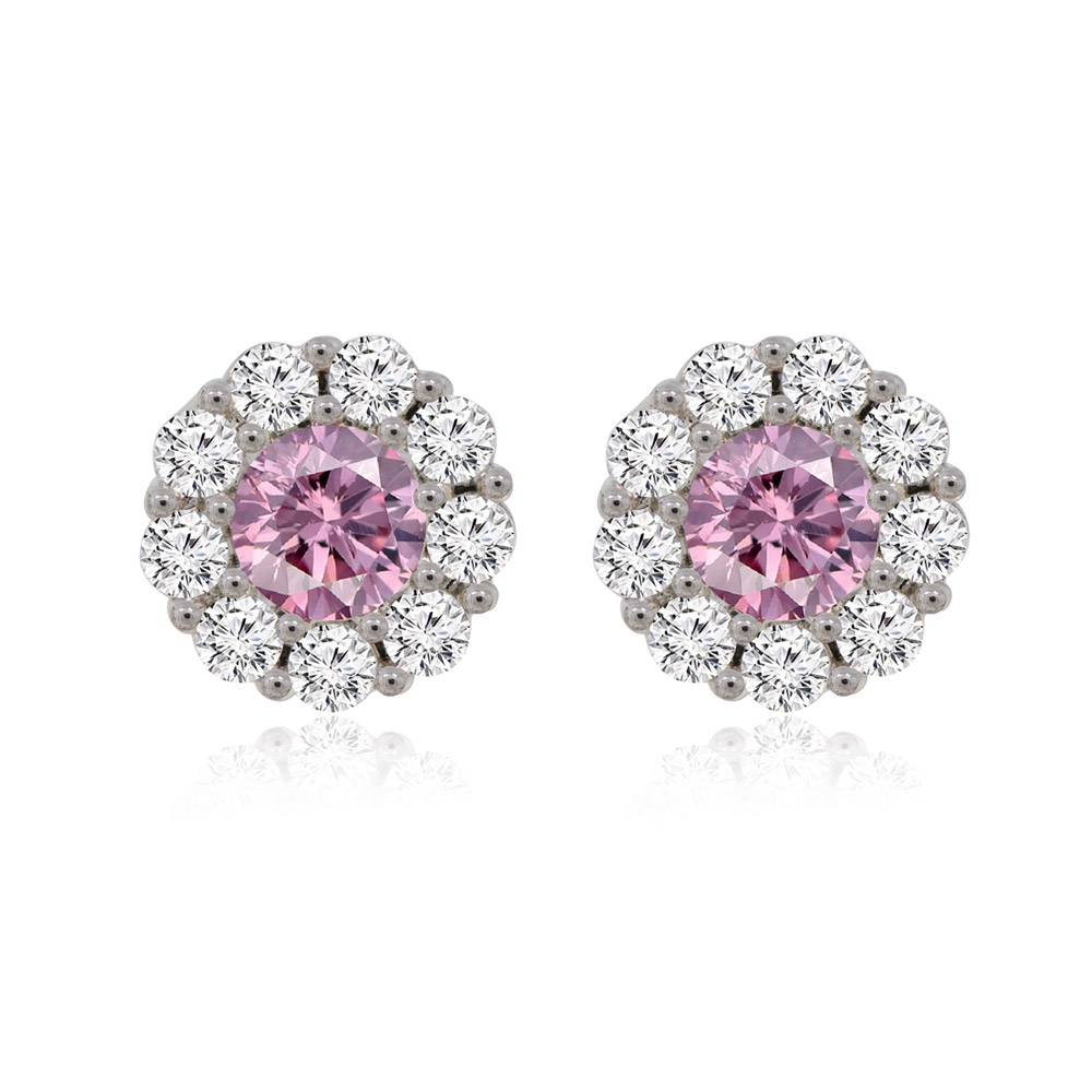 A pair of Classic Pink Round 10MM Stud Earrings featuring a central pink cubic zirconia surrounded by a halo of clear stones, set in rhodium-plated brass.