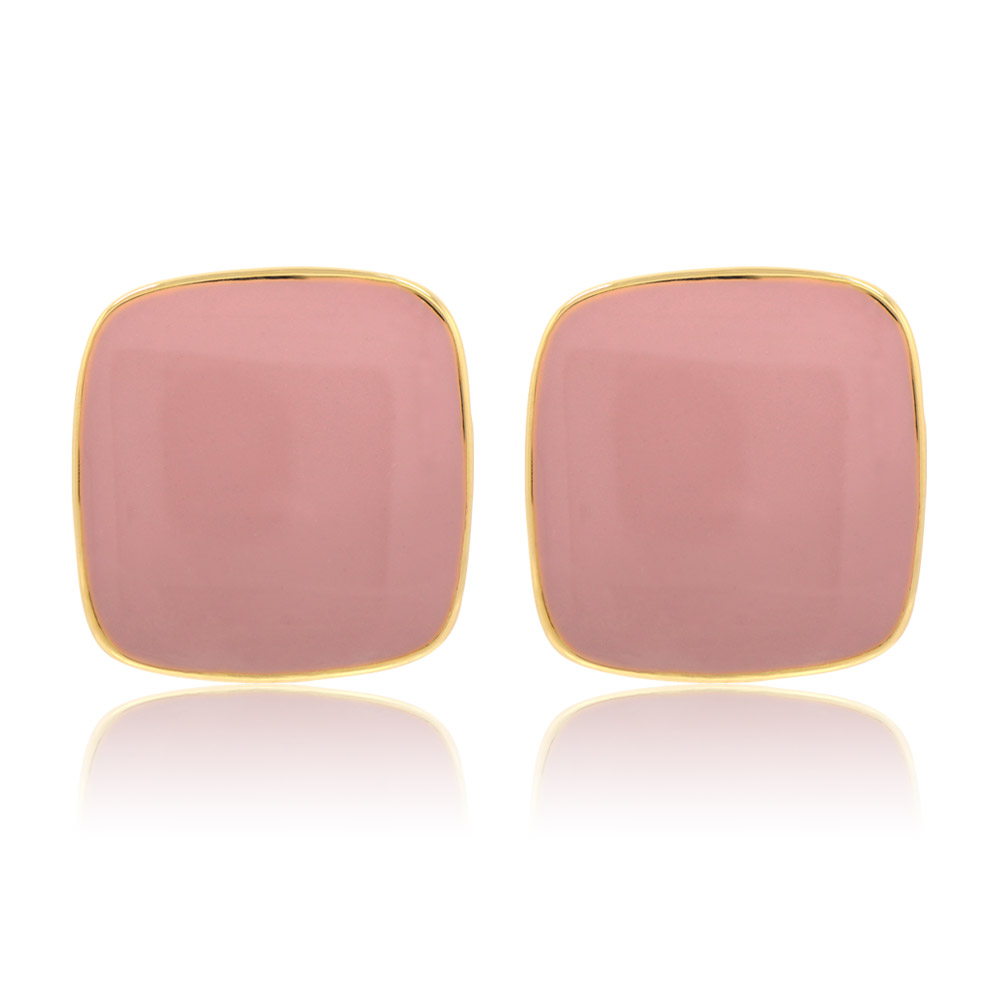 A close-up view of the Enamel Square Elegant Pinky Studs, showing their pink epoxy surface and gold-plated brass trim.