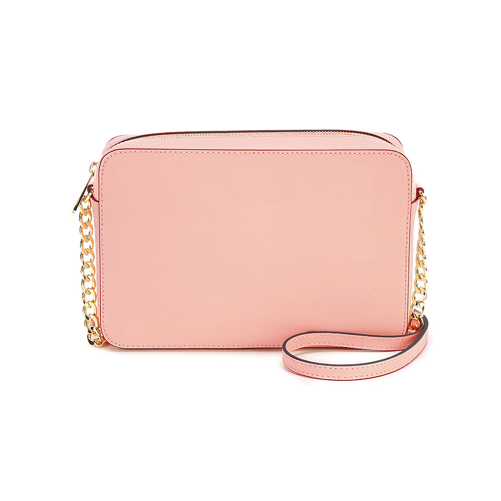 Front view of a stylish pink PU leather cross-body bag with a prominent gold chain strap and hardware, available for wholesale.
