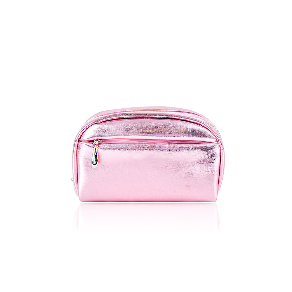 Front view of a shiny pink metallic PU leather cosmetic pouch with a secure zipper closure, model JRP-017.