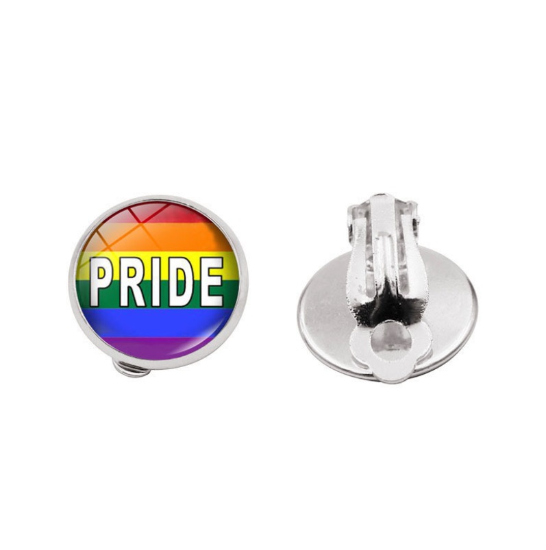 A close-up of the Rainbow LGBT Pride Clip Earrings, model LGBT-015, showcasing the vibrant rainbow enamel on silver-plated stainless steel with a clip-on back.