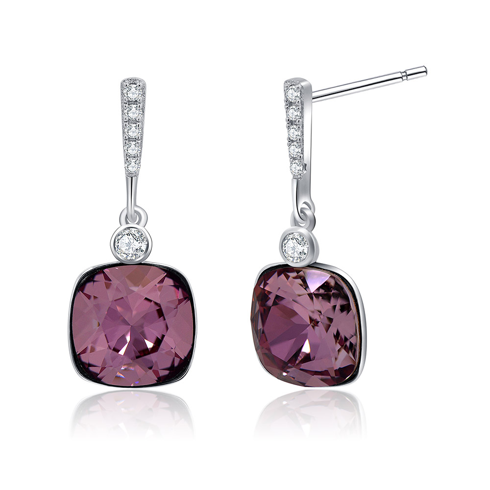 A pair of elegant One Pierced Purple Earrings, featuring square purple Swarovski crystals set in rhodium-plated 925 sterling silver with clear pavé accents.