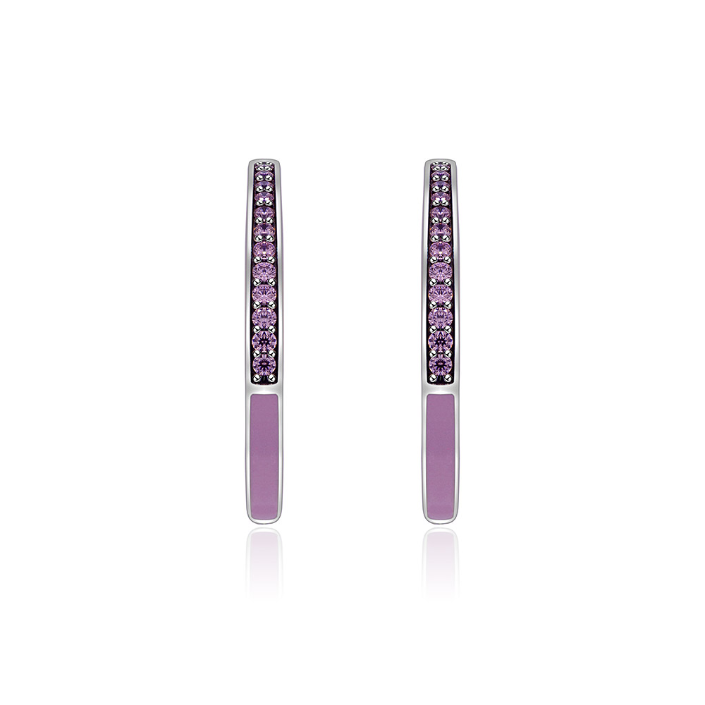 A pair of Zirconia Pink Epoxy Drop Huggie Hoop Earrings in 925 sterling silver, featuring a sparkling pink cubic zirconia stone and a light pink epoxy drop.