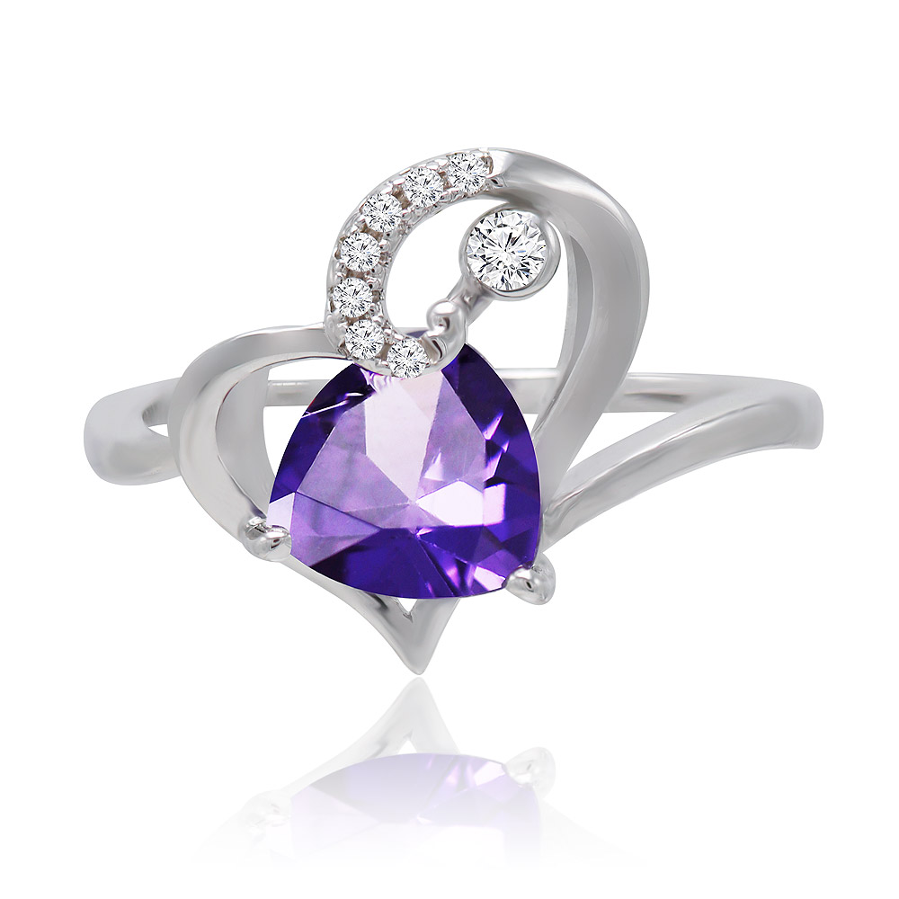 The Heart Connect Ring featuring a central purple teardrop cubic zirconia stone set within an interwoven silver heart design, accented with smaller white stones.