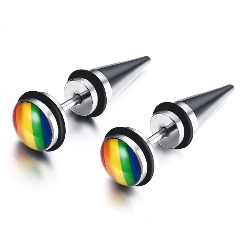 A pair of stainless steel Rainbow LGBT Pride Spike Stud Earrings with vibrant, multi-colored enamel balls, shown against a white background.