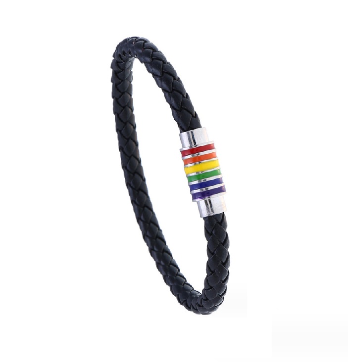 A stylish braided rainbow PU leather bracelet for men, featuring a vibrant rainbow-colored stainless steel clasp. A modern fashion accessory from JR Fashion.